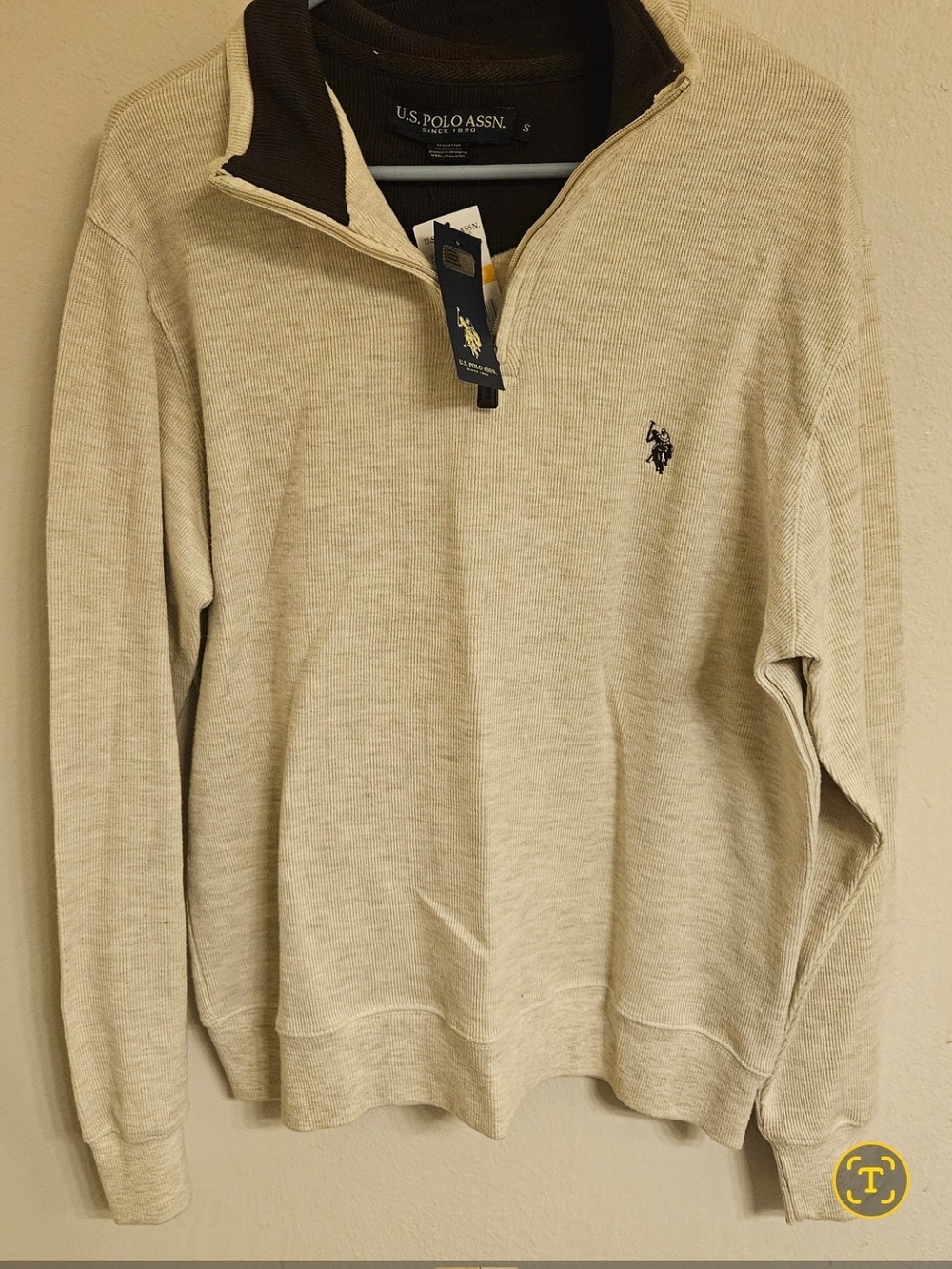 U.S. Polo Assn. Men’s Cream Zip-Neck Sweater with Dark Contrast Collar